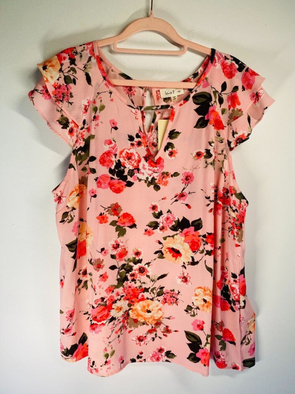 Floral Pink Ruffle Sleeve Keyhole Tunic Top 3X Love J Polyester Spandex
